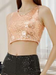 Women Sequin Tank Tops Slim Sparky Round Neck Sleeveless Showing Navel Crop Vest  Summer Streetwear - 香檳色 - 查看 3