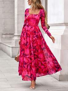 Women Floral Maxi Dress Elegant Long Sleeve Square Neck Flowy Midi Dress Spring Fall Autumn Night Out Party Club Cocktail Wedding Guest Valentine Dresses Outfits - Màu Hồng Tươi - Xem 3