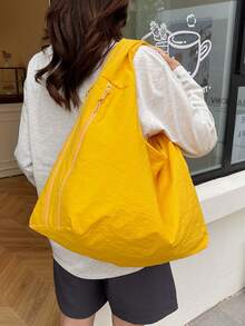 Spring & Summer New Yellow Nylon Fabric Handbag, Large Capacity Solid Color Shoulder Bag, Casual Japanese Style Tote Bag, Versatile College Student School Bag, Simple Fashion Handbag, Short Trip Travel Bag With Multi Zipper & Crescent Pocket Design - 黃色 - 查看 4