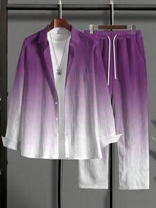 Conjunto deportivo informal de talla grande para hombre: camiseta de manga larga con degradado y pantalón con cordón ajustable en el bolsillo. Mezcla de poliéster, lavable a máquina. - Púrpura degradado - Ver 2