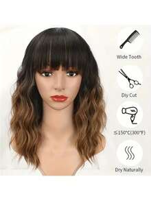 14" Brown Ombre Short Curly Bob Wig With Bangs For Women - Matte Heat-Resistant Fiber | Breathable Rose Net | Women Christmas Holiday Daily Wear - 漸層棕色 - 查看 4