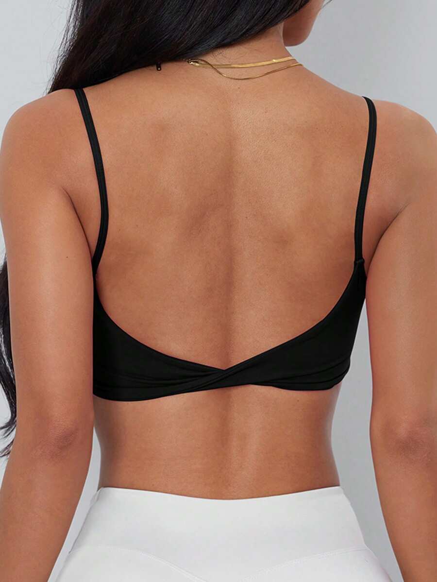 女士运动文胸，扭结后背设计，时尚纯色运动背心，带可拆卸胸垫，适合瑜伽、健身和跑步 - 黑色 - 查看 1