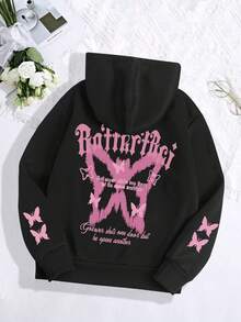 Teena Girl Casual Butterfly Letter Printed Hooded Sweatshirt - Loose Fit, Machine Washable, Comfortable All Season, Comfortable Clothing, Suitable For School, Vacation, Shopping, Sports And Other Occasions - Black - View 3