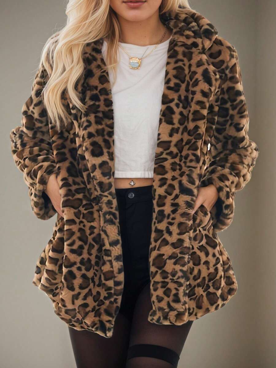 Women's Winter Jacket With Pockets, Faux Fur Trim And Leopard Print, Fashionable Outerwear For Cold Weather, And Stylish For Women - Brown - View 1