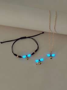 ATLVXJL 3 件套夜光蜜蜂形项链、手链和戒指组合套装，休闲珠宝配饰适合日常佩戴以及送给朋友、兄弟姐妹、家人的节日礼物 - 彩色 - 查看 1