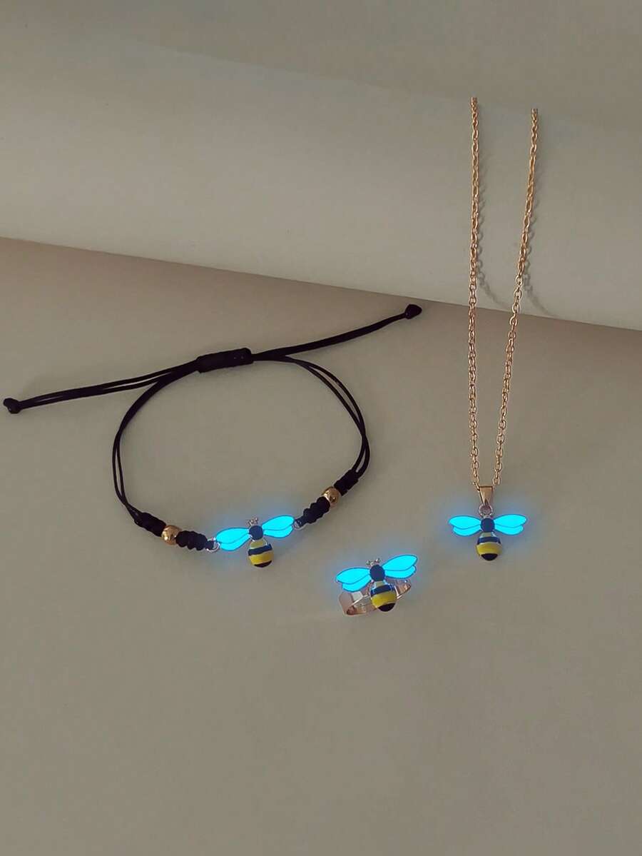 ATLVXJL 3 件套夜光蜜蜂形项链、手链和戒指组合套装，休闲珠宝配饰适合日常佩戴以及送给朋友、兄弟姐妹、家人的节日礼物 - 彩色 - 查看 1