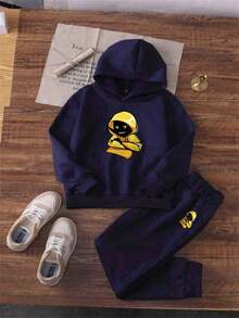 2pcs/Set Tween Boy Casual Printed Thermal Lined Hoodie & Sweatpants Set, Autumn/Spring/Winter - Navy Blue - View 2