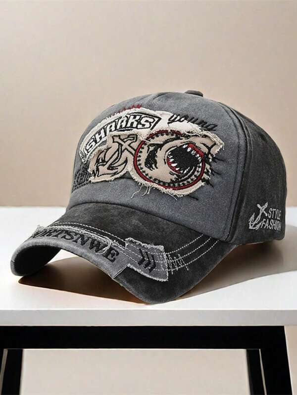 1 pieza Gorra de béisbol unisex estilo vintage lavada con bordado de letra de tiburón oceánico y color contrastante, sombrero de sol casual adecuado para uso diario