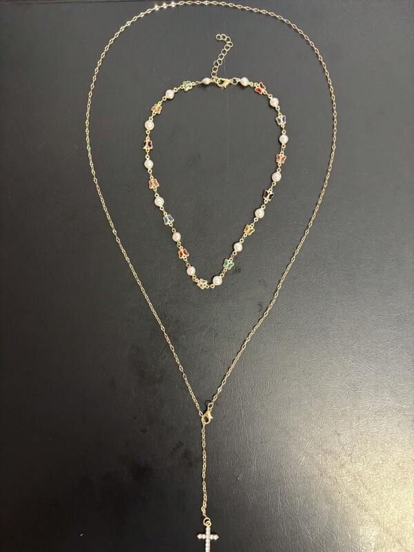 2pcs Elegant Minimalist Colorful Crystal & Pearl Y-Shape Long Necklace, Suitable For Daily Wear By Women