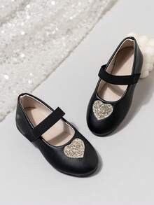 Nuevos zapatos de princesa para niñas pequeñas para volver al colegio, decorados con corazones dorados, zapatos planos de suela blanda para primavera/verano/otoño - Negro - Ver 3