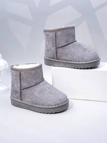 秋冬儿童雪地靴，中帮平底毛绒内衬女童鞋，厚底保暖男童靴，幼儿短靴 - 灰色 - 查看 6
