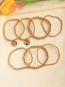 Custom Bracelet, Creative Personalized Gold Ball Bead 7-Piece Bracelet Set, CCB Beaded Gold Discs With Colorful Printed Pendants, Customized With Family, Friends, Idol Images, Reversible Transparent Bracelet, Suitable For Birthday, Family Gathering, Valentine's Day, Parent-Child, Couples, Anniversary Celebration, Gift For Mom, Dad, Friends, Boyfriend, Girlfriend, Daily Wear