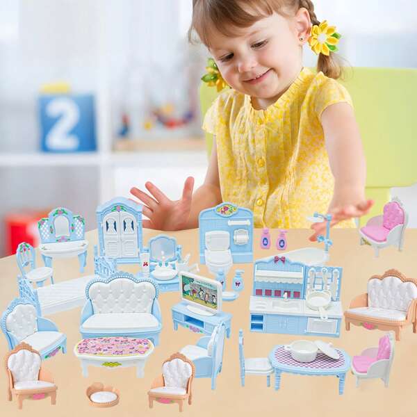 Mini Doll House Furniture Toy Set, 4 Rooms For Children Role Play - Kitchen, Living Room, Bedroom And Bathroom, Suitable As Kindergarten Gift, Birthday Or Christmas Present, Ideal Playroom Choice For Kids