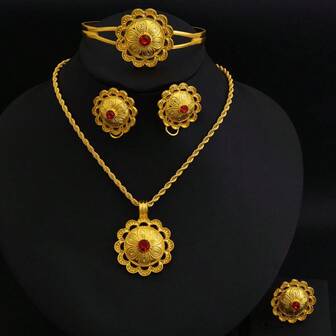 4 件沙特阿拉伯风格花卉首饰套装 - 金色吊坠项链、戒指、耳环，优雅的非洲新娘结婚礼物