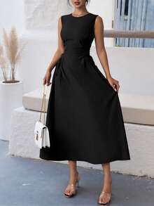 2025 Frühling/Sommer Neuer Europäischer & Amerikanischer Stil Einfarbiges Kleid mit Schnürung in Taille, elegantes Knielanges Kleid, Damen Ärmellos Hoch Tailliert A-Linie Kleid, Rundhalsausschnitt, feminin, geeignet für Alltag und Büro - Schwarz - Übersicht 9