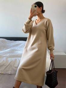 Livesso Robe pull ample décontractée à col V et couleur unie pour femmes, vêtements d'automne pour femmes - Camel - Voir 2