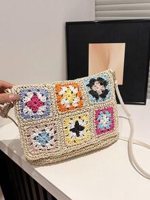 度假沙滩包，大容量通勤单肩包，小众设计休闲百搭简约时尚斜挎包，2025年新款流行女士手提包，编织纹理撞色设计，舒适面料，拉链开合，可调节可拆卸肩带，宽敞，时尚春夏手提包