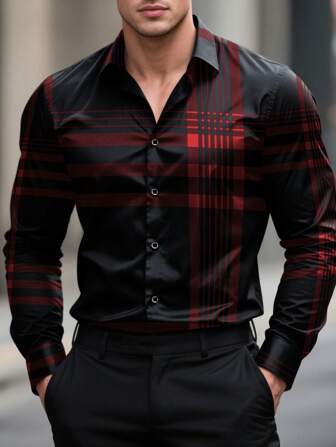 男士时尚不对称条纹格子休闲商务通勤长袖衬衫，男士正装衬衫，男士格子衬衫。适合日常穿着、工作通勤、外出、聚会，可搭配西裤或西装出席派对、婚礼、蜜月等场合。可作为礼物送给儿子、丈夫、男友、父亲。