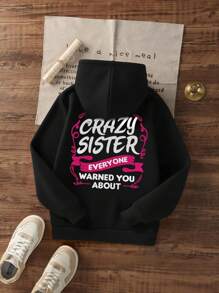 1pc Tween Girl Casual Printed Pullover Sweatshirt, Thermal Lined, Long Sleeve, Autumn/Winter Student Youth Clothing - Black - View 3