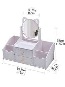 1 件优质化妆品收纳盒，抽屉式办公桌台面收纳珠宝盒，带镜子 - 白色 - 查看 2