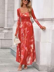 Women Floral Maxi Dress Elegant Long Sleeve Square Neck Flowy Midi Dress Spring Fall Autumn Night Out Party Club Cocktail Wedding Guest Valentine Dresses Outfits - 磚紅色 - 查看 3