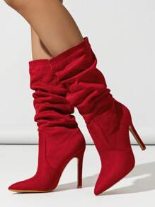 Women Black Pointed Toe Suede Side Zipper High Heel Boots, Wrinkle Versatile Party Mid-Calf Warm Boots For Autumn/Winter,Sexy - Red - View 3