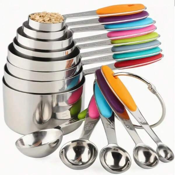 13pcs Stainless Steel Measuring Cup Set, Including 8 Stackable Measuring Cups And 5 Measuring Spoons, Suitable For Dry And Liquid Ingredients, With Silicone Handle- A Perfect Kitchen Gadget For Cooking And Baking