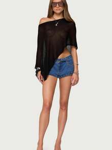 Women Knit Cover-Up, See-Through Solid Irregular Loose Pullover Summer Beach Tops - 黑色 - 查看 1