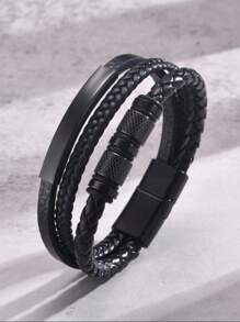 1pc Curved PU Leather Multi-Layer Bracelet, Braided Wristband, Fashion Accessory For Men, Ideal Choice For Special Occasions