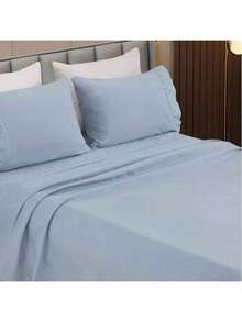 Latu Magazine Lençol  4Peças Casal\Queen\King 200 Fios Percal Bordado Inglês Super Macio Jogo Cama Elástico - Azul - Visão 1