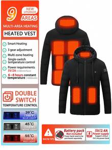 Veste à capuche chauffante pour hommes, couleur unie, manches longues, avec poches zippées. Contrôle unique, 9 zones de chauffage, isolation thermique, manteau d'hiver