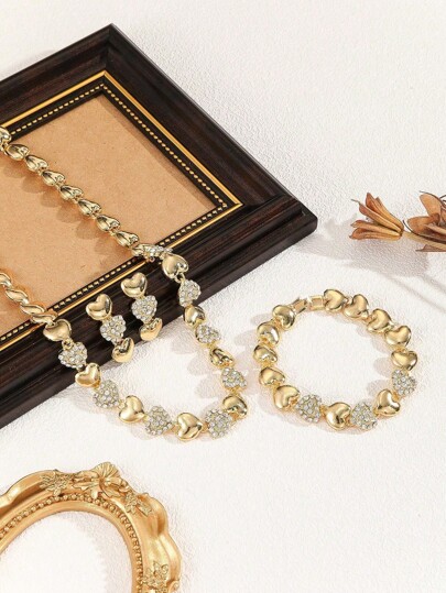 4 peças Conjunto de Joias com Forma de Coração em Liga de Zinco na Cor Dourada, Incluindo Brincos, Colar e Pulseira, Adequado para Eventos Formais
