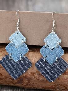 1 Pair Western Style S-Shaped Leaf Patchwork Denim-Look PU Leather Creative Earrings - Denim Blue - View 4