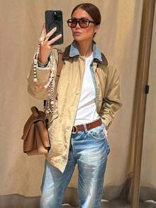 Chaqueta acolchada de mujer con solapa, de manga larga y con bolsillos, de corte holgado para otoño e invierno