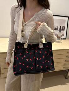 时尚休闲樱桃图案多口袋轻便购物手提包，容量宽敞，配有可调节肩带的手提包，适合女孩/女士购物、上下班通勤、医院、郊游、商场 - 黑色 - 查看 3