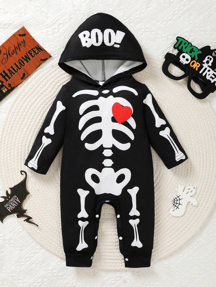 Halloween Infant Skull Print Hooded Long Sleeve Jumpsuit, Cute Creative Outfit, Casual & Comfortable - Black - View 1