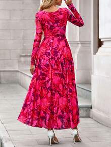 Women Floral Maxi Dress Elegant Long Sleeve Square Neck Flowy Midi Dress Spring Fall Autumn Night Out Party Club Cocktail Wedding Guest Valentine Dresses Outfits - Màu Hồng Tươi - Xem 2