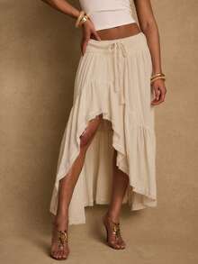 Ladies Summer Linen Loose Elastic Waist Ruffle Hem Asymmetrical Hem Skirt, Casual Boho Western Style, Suitable For Music Festivals, Concerts, Parties, Young Girls Daily, Beach Vacation - Apricot - View 6