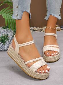 1双米色厚底凉鞋，适合青少年女孩（尺码偏小），夏季时尚厚底编织坡跟凉鞋，轻便防水厚底凉鞋，适合度假和日常穿着。