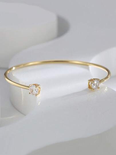 Charm-In 1pc 18K Gold Plated Copper Bangle With Double-Headed Round Cubic Zirconia, Minimalist Design