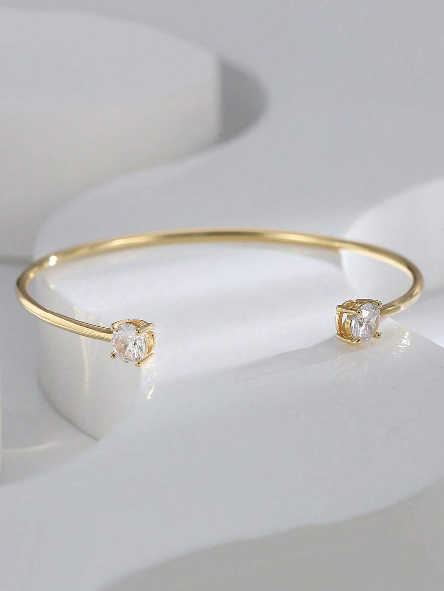 Charm-In 1pc 18K Gold Plated Copper Bangle With Double-Headed Round Cubic Zirconia, Minimalist Design - Gold Model 3 - View 1
