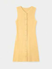 Damen Lässig Pullover Kleid im minimalistischen Urlaubsstil, einfarbiges Strickkleid, akademisches cremefarbenes Abschlusskleid, Neujahr - hellgelb - Übersicht 2