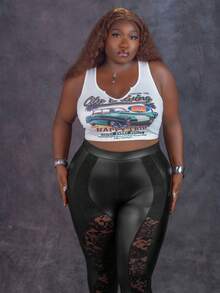 CurvyTilda Quần da giả cỡ lớn dành cho nữ của Tildaharris với ren tương phản, quần legging xuyên thấu gợi cảm, dành cho dáng người đồng hồ cát, thích hợp cho mùa hè. - màu đen - Xem 6