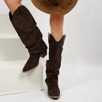 Fall/Winter 2025 Women's Western Style Boot Set, Suede Fashion Thigh High Boots, Solid Color Vintage For Wedding Party,Knee High Boots