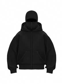 Balaklava, A Must-Have Item For Social Anxiety Sufferers. A Face-Covering Style, Loose Large-Sized And Long Double-Layered Hooded Zipper-Style Pullover Hoodie And Hooded Sweater. Suitable For Men's Autumn/Winter Clothing, Halloween Costumes, Christmas Costumes, Men's Outerwear, Fashionable Style, Men's Hooded Sweater. - 黑色 - 查看 4