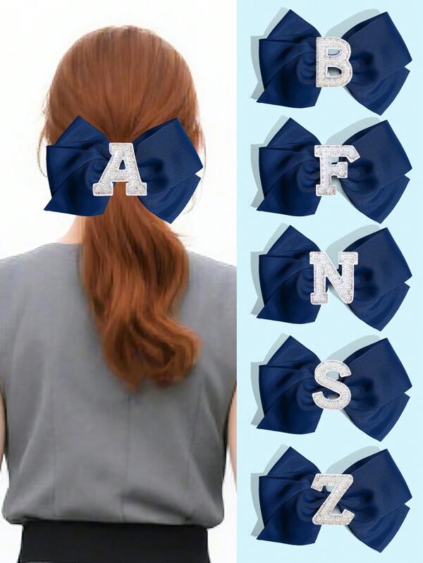 1 pieza Lazo para el cabello de 5 pulgadas con 26 letras de A a Z de perlas personalizadas para niñas, accesorios para el cabello de niñas con pinzas para festivales, fiestas, graduación escolar, primer día de clases, estudiantes