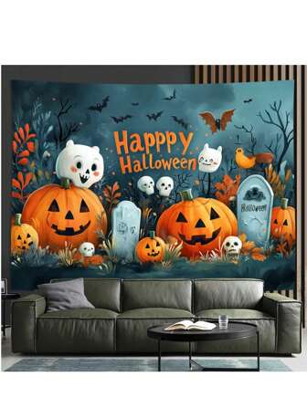 1pc 2D "Happy Halloween" Wall Painting With Cartoon Ghost And Pumpkin - Vintage Polyester Background For Living Room, Bedroom, Office, Party Decor - Spooky Cemetery Scene, No Electricity Required, Creative Gift, Halloween Decoration