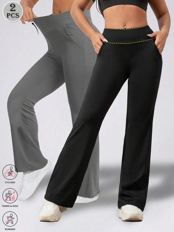 2 Pieces Women Pocket Yoga Pants High Waisted Seamless Flare Leg Legging Gym Tummy Control Highly Elastic And Breathable Sports Pants Outdoors Solid Color Waist Toning Fitness Wide Leg Pants