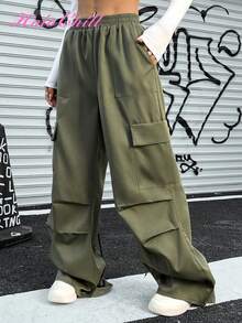 Pantalones cargo de mujer HoloChill de color liso verde oliva con múltiples bolsillos y botones, con cordón y pliegues, ropa casual y urbana para uso diario, aeropuerto, regreso a la escuela, otoño e invierno - Negro - Ver 8