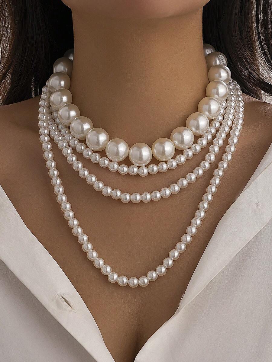 2pc Set Fashionable Elegant Asymmetrical Pearl Beaded Necklace, Luxurious Jewelry For Women, Catwalk Formal Dress Party Accessory, Gift For Her On Holidays